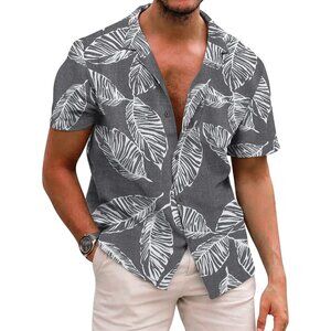 Men's Grey Hawaiian Floral Shirt Cotton Linen Button Down Tropical Beach Shirt